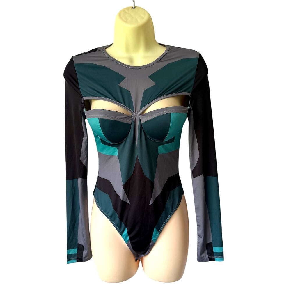 SHEIN X Cyberpunk Sci Fi Teal Colorblock Bodysuit Size Small